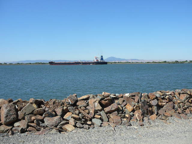 Ship on the river from levee with Mt Diablo
