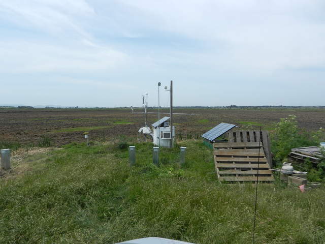 Pallets, eddy tower and fallow rice field