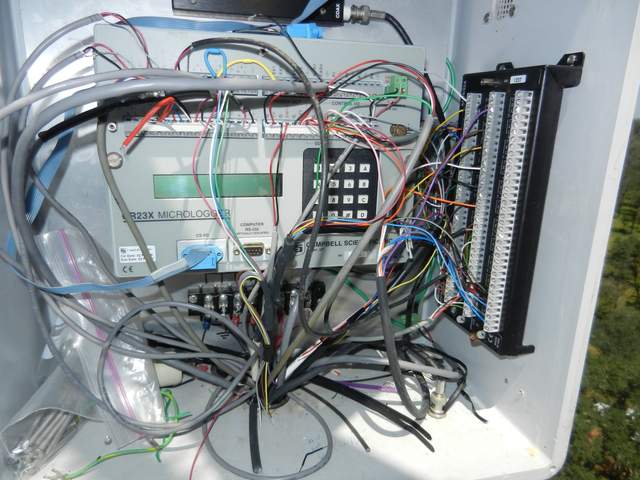 Wiring inside the data logger box at the tower top