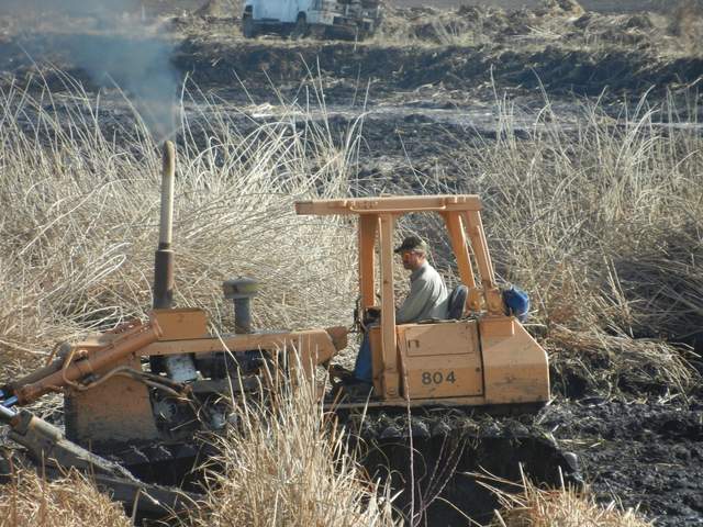 Jim was busy with a bulldozer in the East Pond. He was pushing all the vegetation out of the pond onto the sides