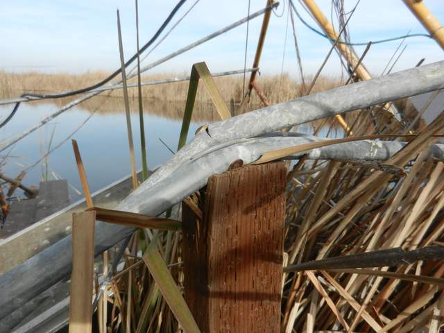 One of the cross braces on the south side of the tower had caught and bent against one of the boardwalk posts keeping the tower from falling further.