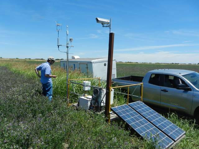 Dennis over seeing of setup of the LGR Isotope analyzer in the alfalfa field