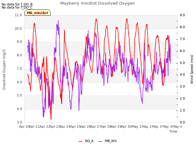 plot of Mayberry miniDot Dissolved Oxygen