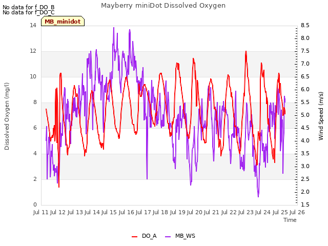 plot of Mayberry miniDot Dissolved Oxygen