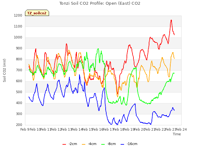 plot of Tonzi Soil CO2 Profile: Open (East) CO2
