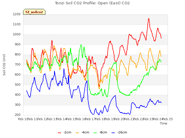 plot of Tonzi Soil CO2 Profile: Open (East) CO2