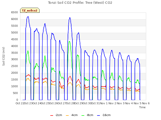 plot of Tonzi Soil CO2 Profile: Tree (West) CO2