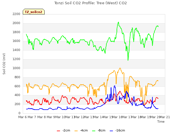 plot of Tonzi Soil CO2 Profile: Tree (West) CO2