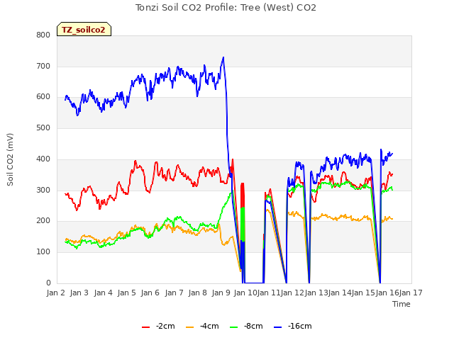 plot of Tonzi Soil CO2 Profile: Tree (West) CO2