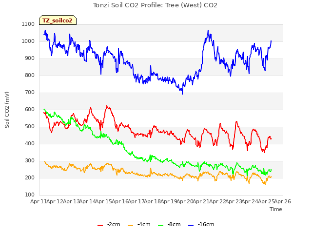 plot of Tonzi Soil CO2 Profile: Tree (West) CO2