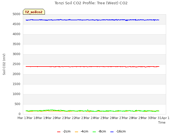 plot of Tonzi Soil CO2 Profile: Tree (West) CO2