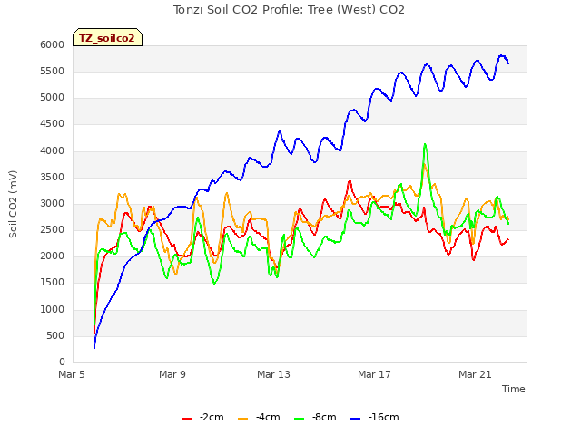 Explore the graph:Tonzi Soil CO2 Profile: Tree (West) CO2 in a new window