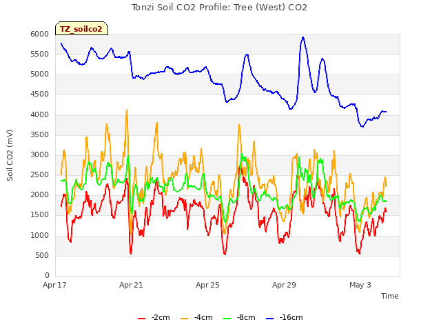 Explore the graph:Tonzi Soil CO2 Profile: Tree (West) CO2 in a new window