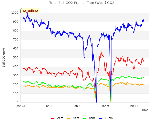 Explore the graph:Tonzi Soil CO2 Profile: Tree (West) CO2 in a new window