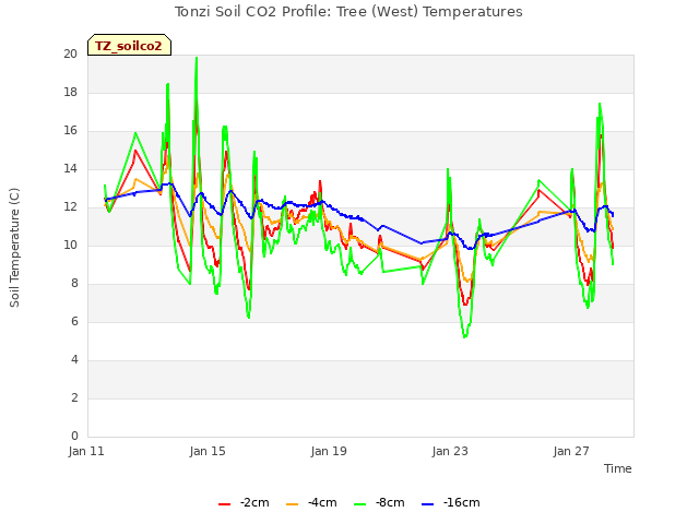 Explore the graph:Tonzi Soil CO2 Profile: Tree (West) Temperatures in a new window