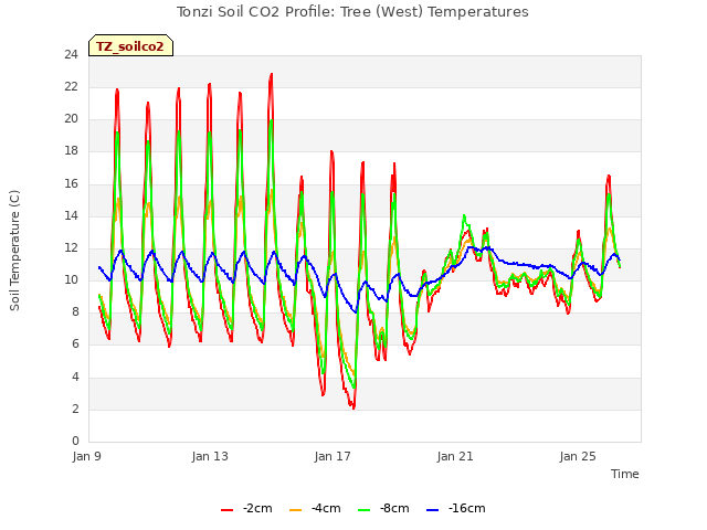 Explore the graph:Tonzi Soil CO2 Profile: Tree (West) Temperatures in a new window