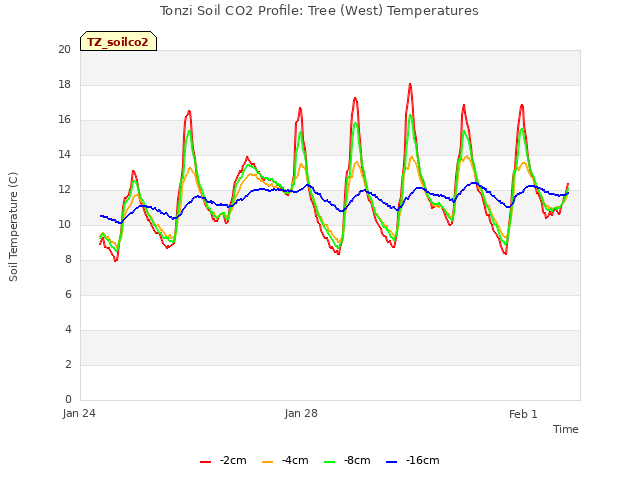 Explore the graph:Tonzi Soil CO2 Profile: Tree (West) Temperatures in a new window