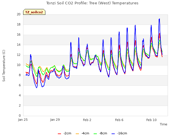 Explore the graph:Tonzi Soil CO2 Profile: Tree (West) Temperatures in a new window