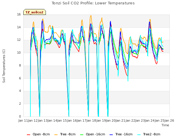 plot of Tonzi Soil CO2 Profile: Lower Temperatures