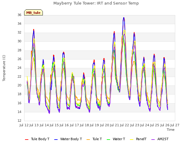 plot of Mayberry Tule Tower: IRT and Sensor Temp