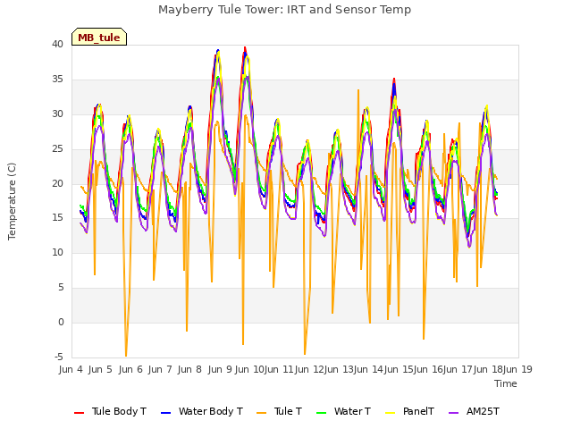 plot of Mayberry Tule Tower: IRT and Sensor Temp