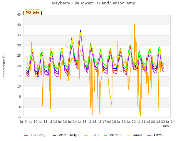 plot of Mayberry Tule Tower: IRT and Sensor Temp