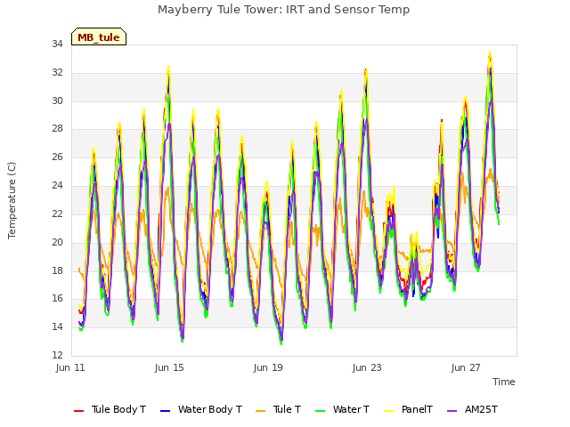 Explore the graph:Mayberry Tule Tower: IRT and Sensor Temp in a new window