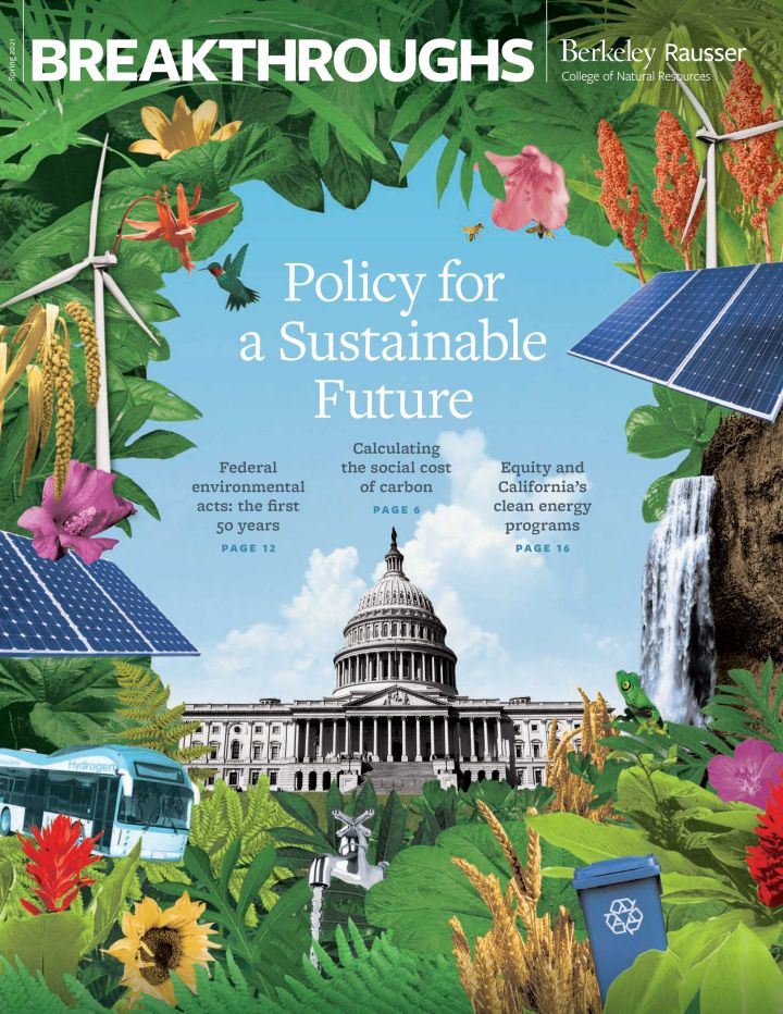 The cover of the spring 2021 Breakthroughs magazine. A collage illustration showing a lush sustainable future around the US capitol building