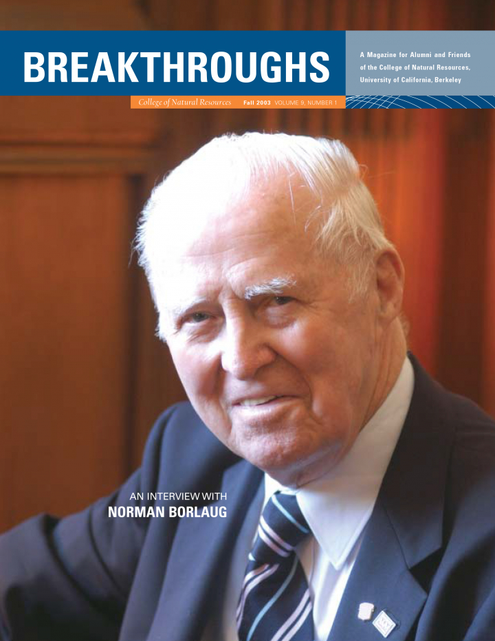 Cover of Breakthroughs Fall 2013, a picture of Normal Borlaug