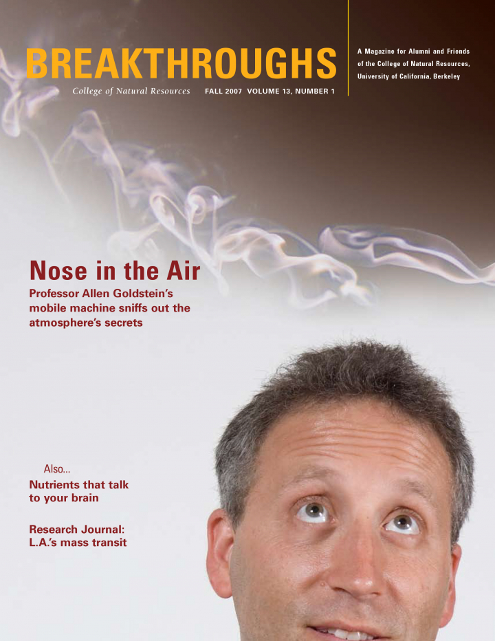 Cover of Breakthroughs Fall 2007, a man sniffing at the smoke in the air 