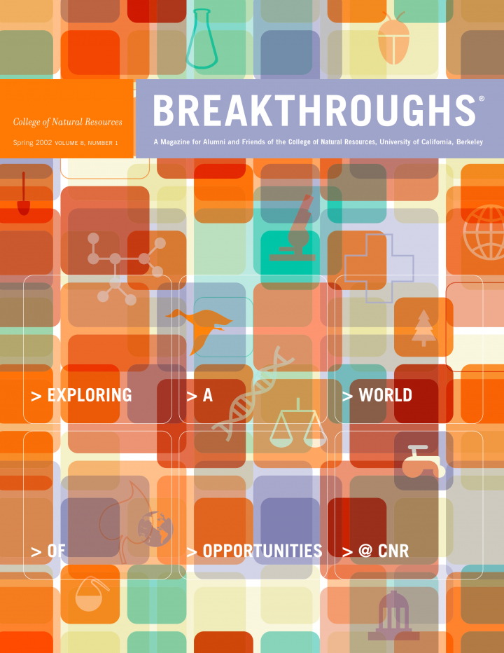 Cover of Breakthroughs Spring 2002, a number of orange squares overlayed, outlining the shapes of animals
