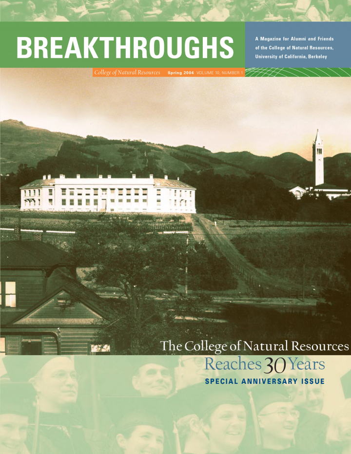 Cover of Breakthroughs Spring 2004, An old photograph of Wellman Hall