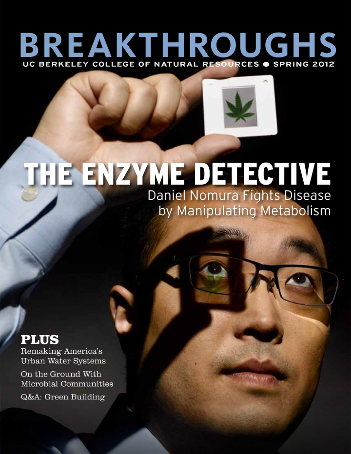 Cover of Breakthroughs Spring 2012, Scientist holding a plant sample up to the light 